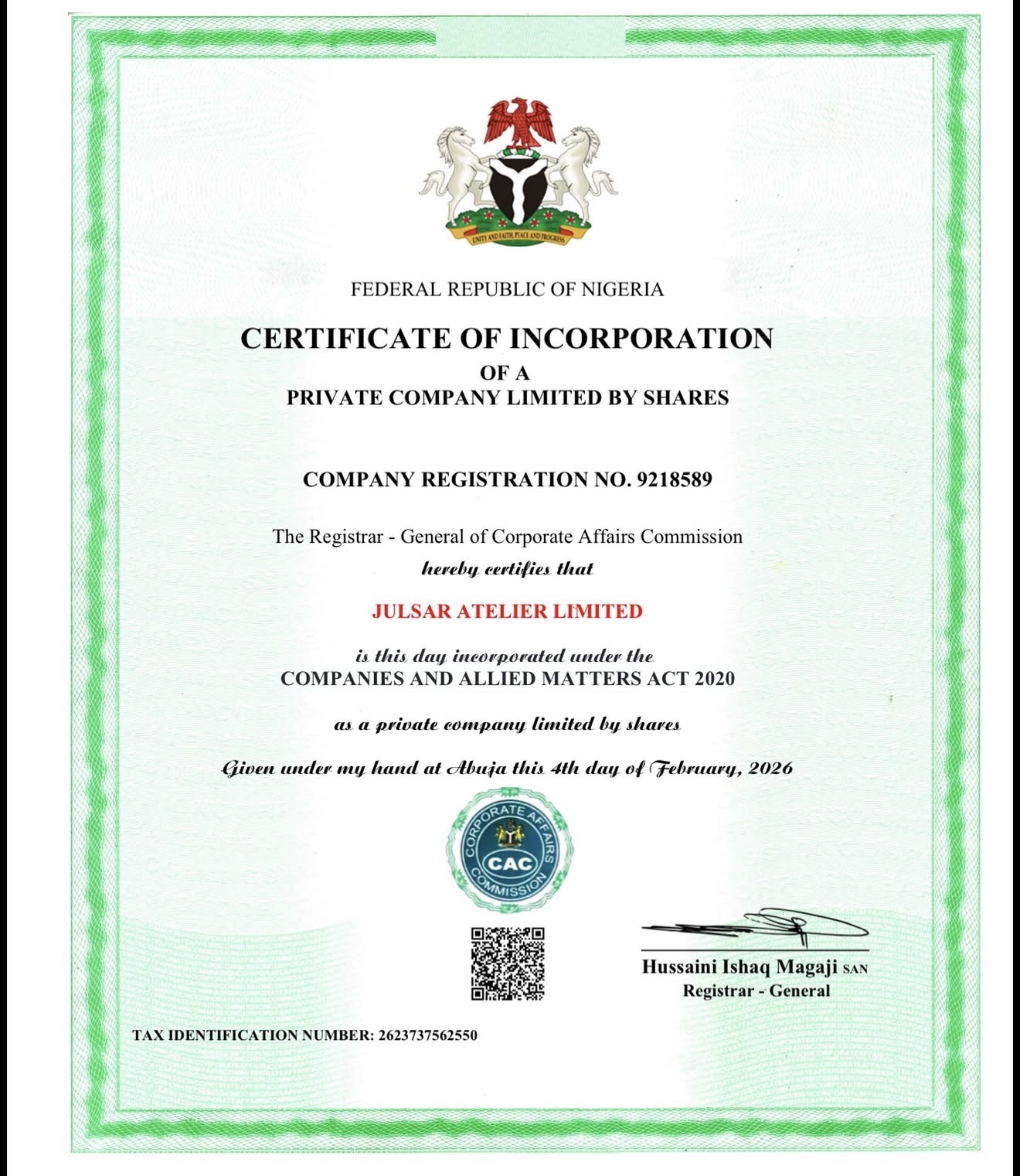 JULSAR ATELIER LIMITED - Certificate of Incorporation, CAC Registration No. 9218589